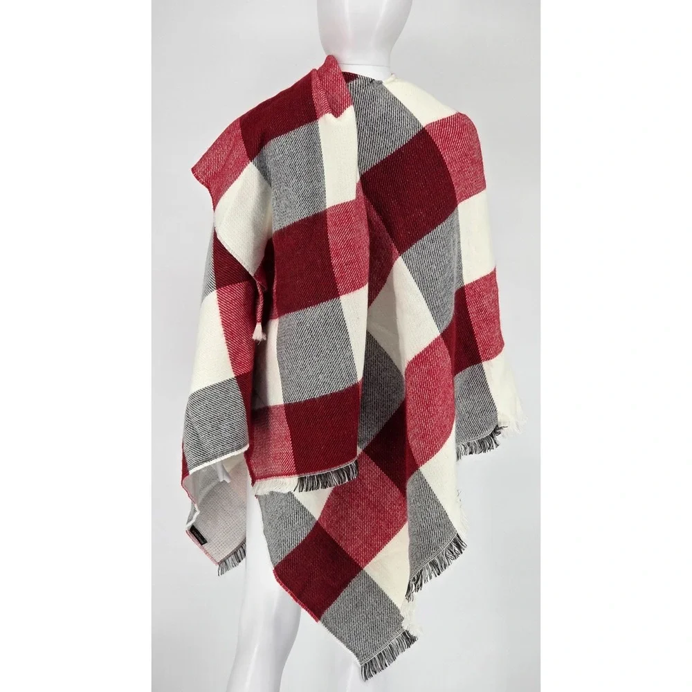 Banana Republic Blanket Shawl‎ Wrap with Fringe - Red, Black, & White Plaid